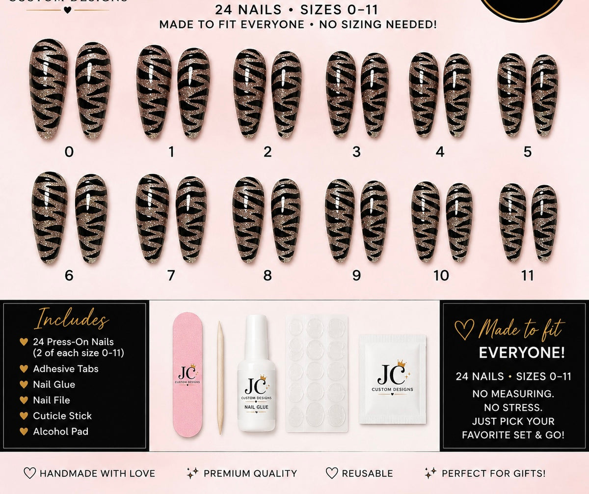 Zebra animal print 24-piece handmade press on nail set
