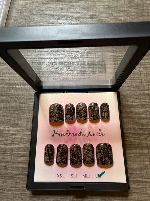 Black Lace nude and black lace press on nails