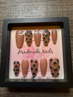 Nude and sapphire blue crystal luxury press on nails
