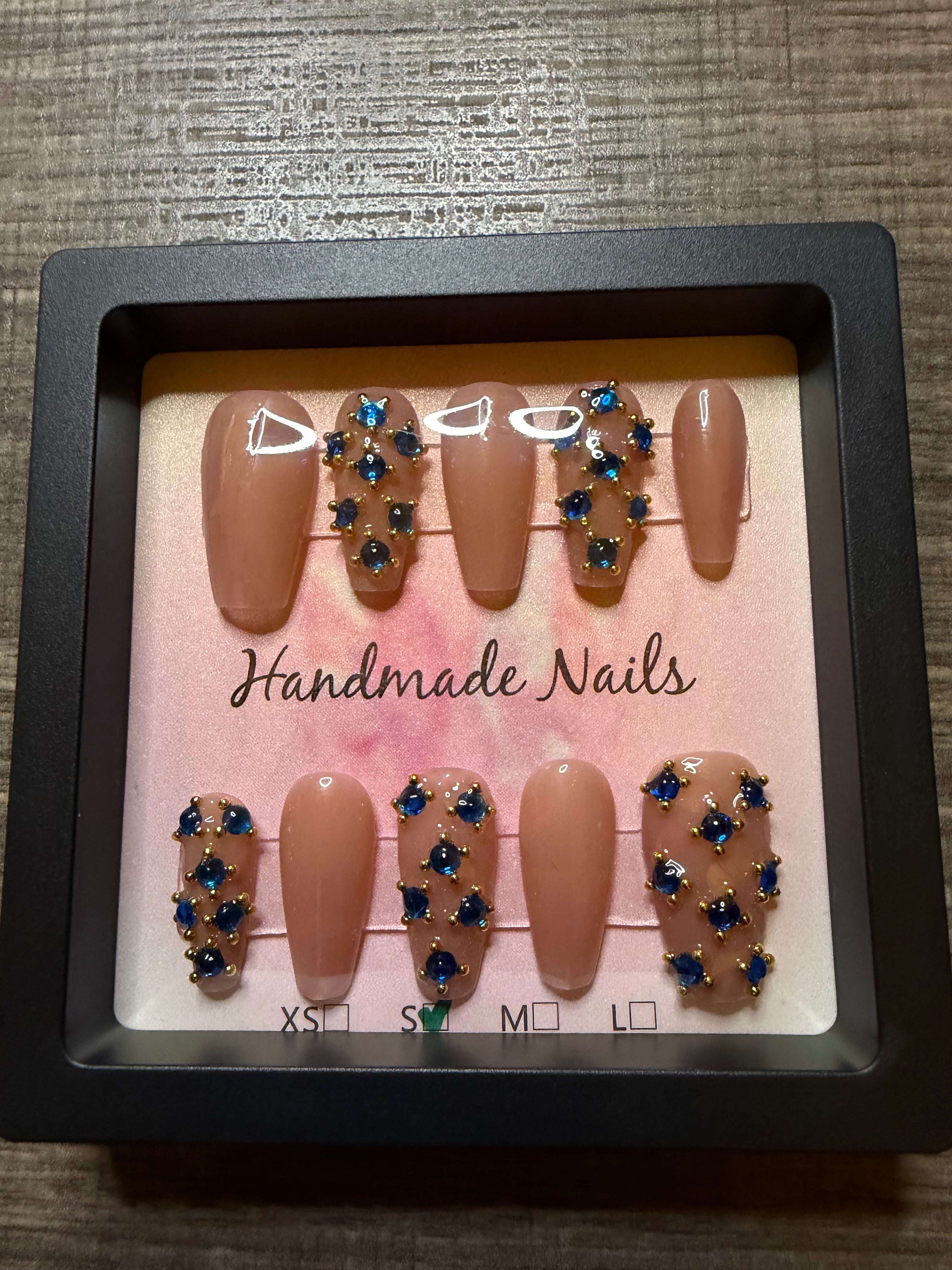 Nude and sapphire blue crystal luxury press on nails
