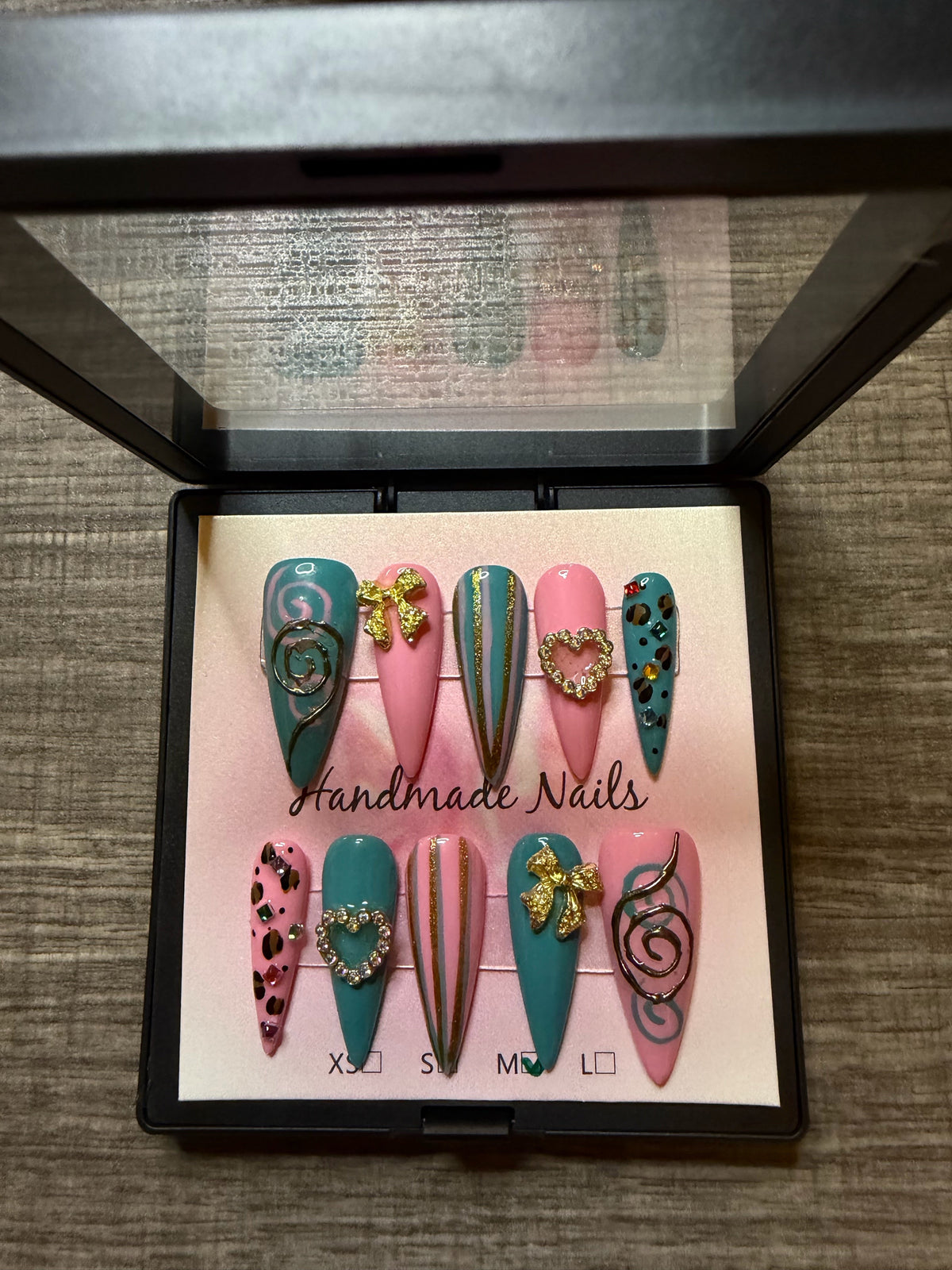 Pink and turquoise statement press on nails with charms