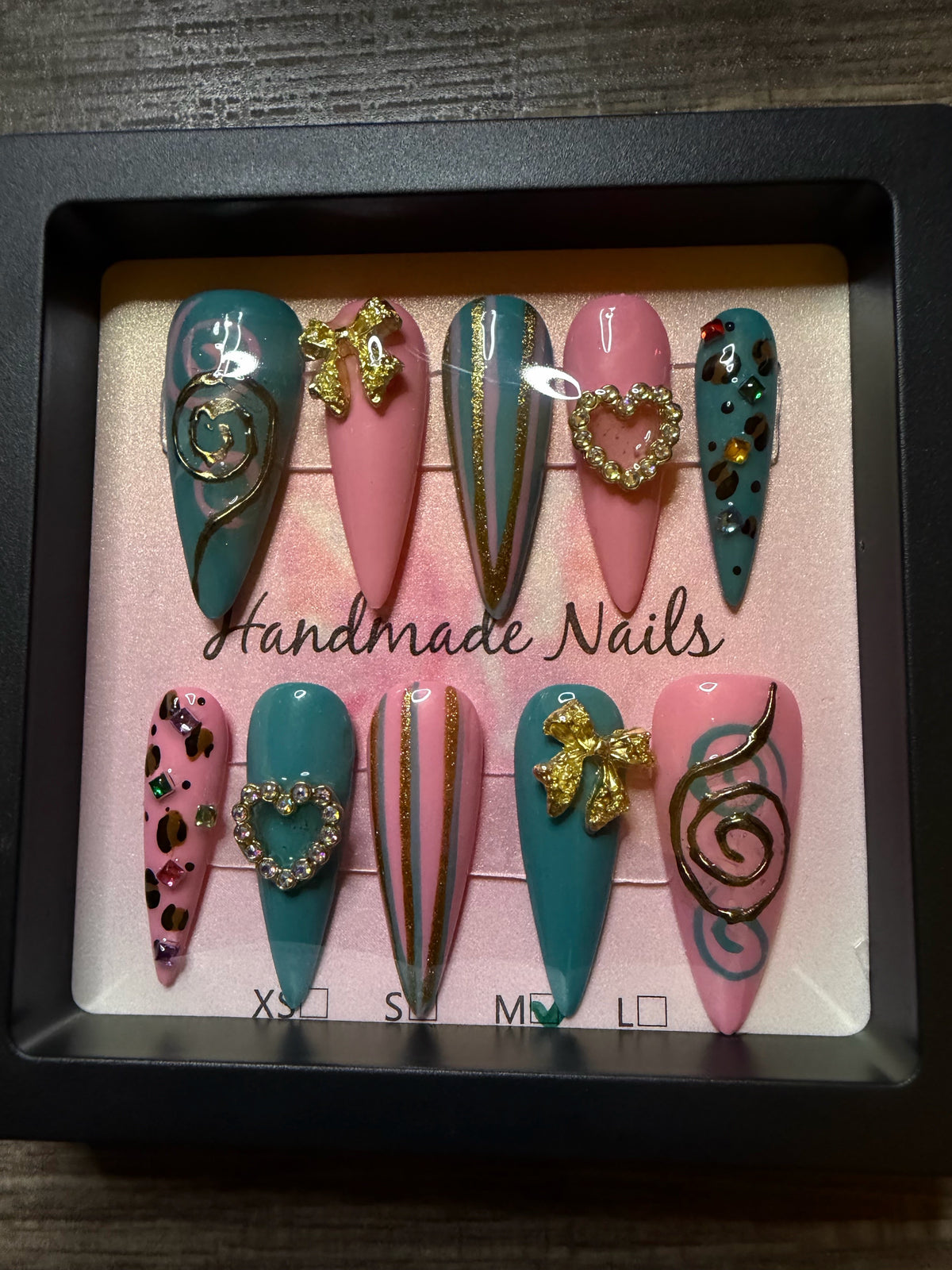 Handmade pink turquoise charm press on nail set