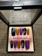 Purple Halloween spiderweb and chrome press on nails