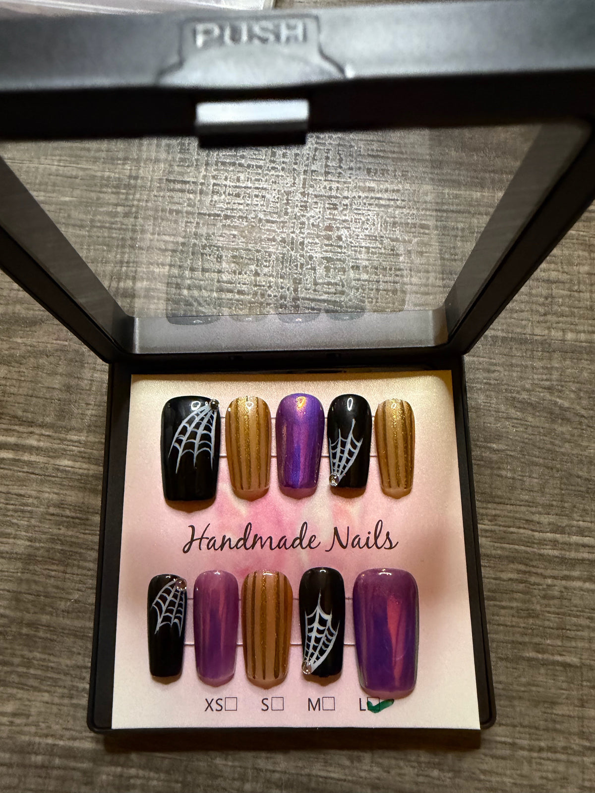 Purple Halloween spiderweb and chrome press on nails