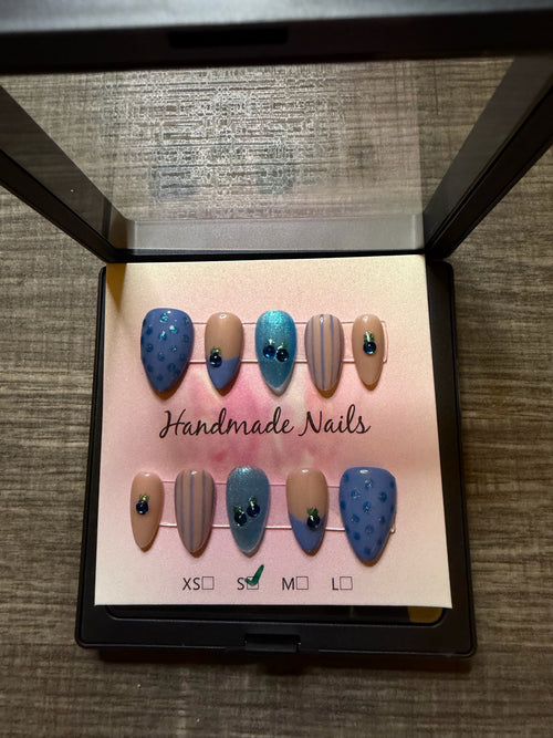 Blueberry Socialite blue and nude rhinestone press on nails