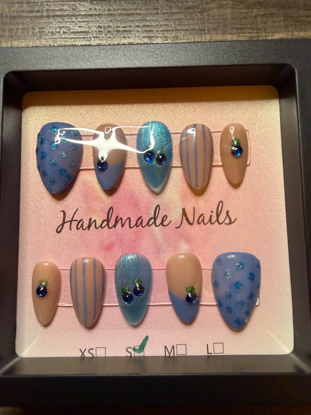 Blue crystal and periwinkle handmade press on nails