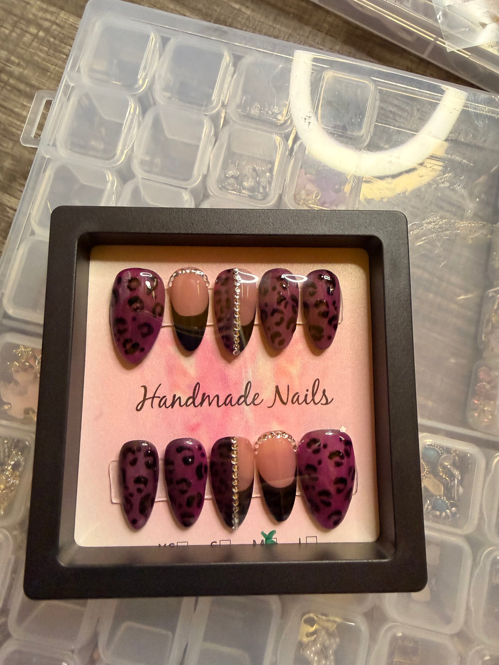 Purple and black leopard chrome press on nails with charms