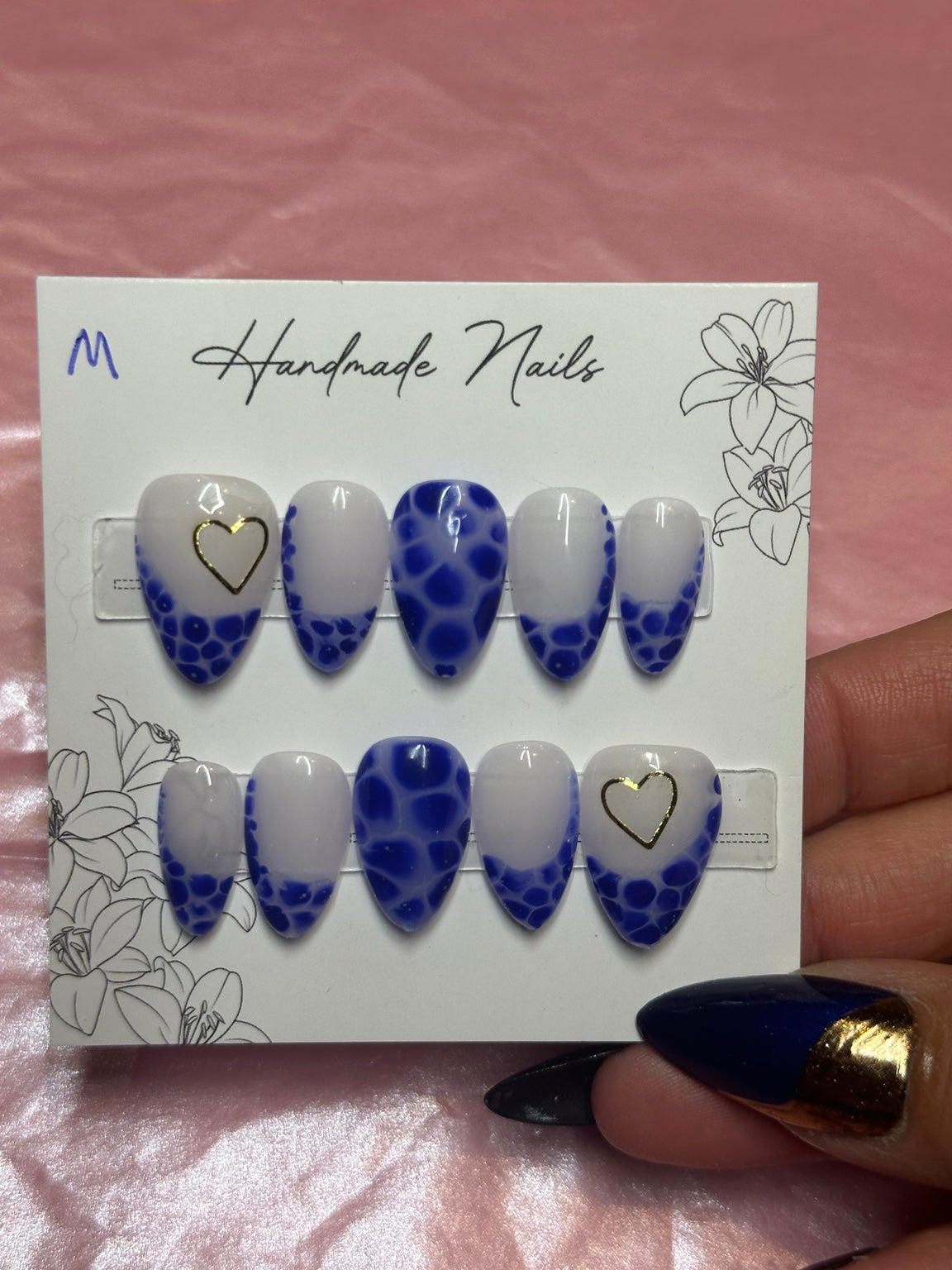 Cobalt Lace Hearts handmade press-on nails