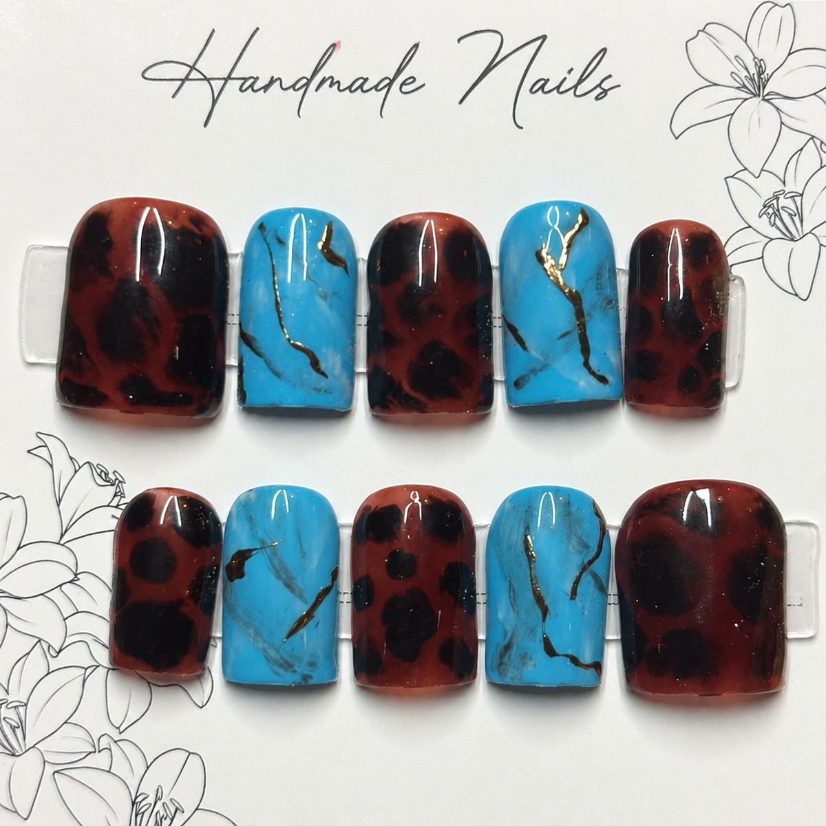 Close-up of Desert Turquoise Tortoise press-on nail set