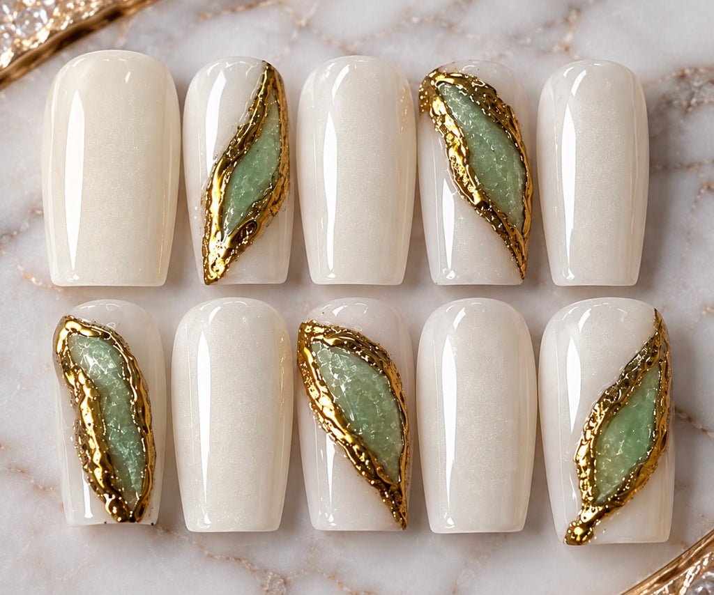 Gilded Sage handmade press-on nails with milky white, sage green geode accents and gold detailing