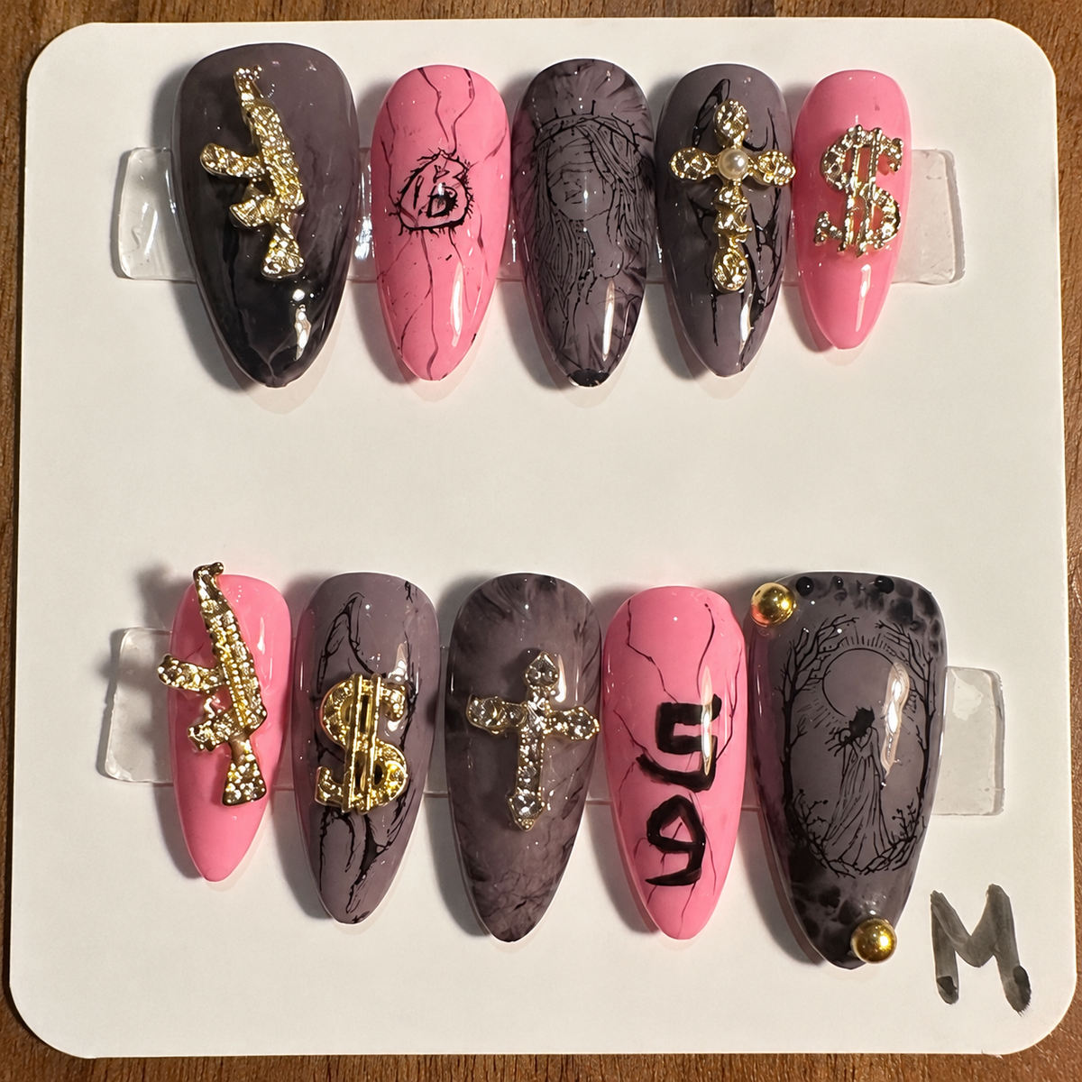 Close-up of the complete ten-nail Grey Day — Pink Smoke set