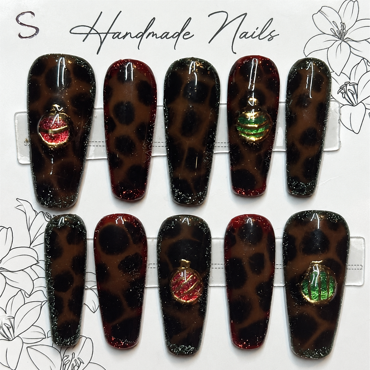Close-up of Holiday Tortoise press-on nail set
