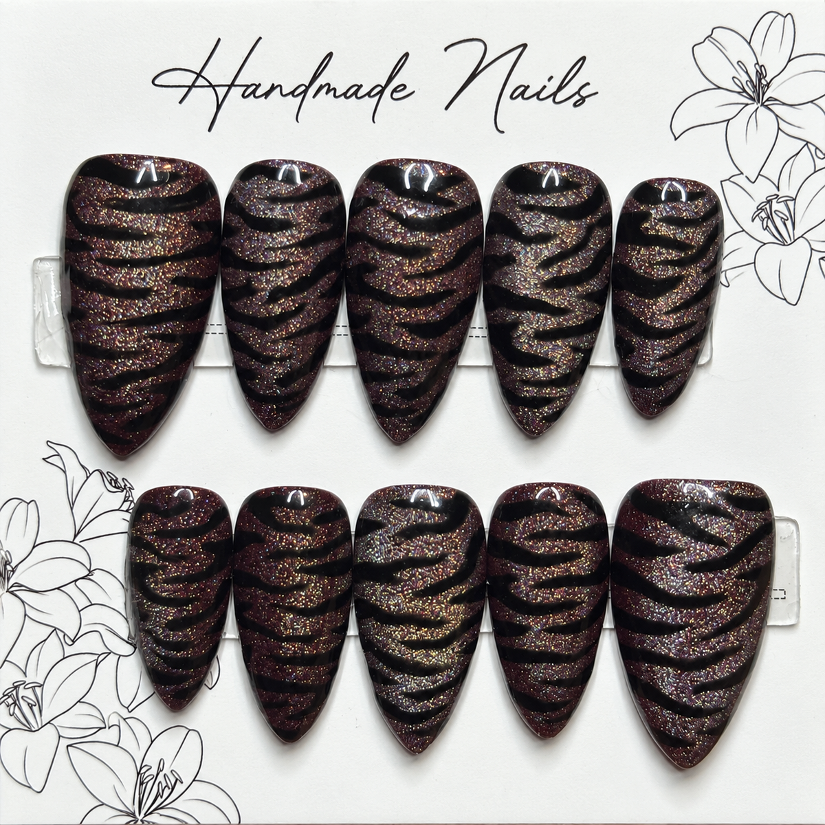 Close-up of Holographic Tiger Cat Eye press-on nail set