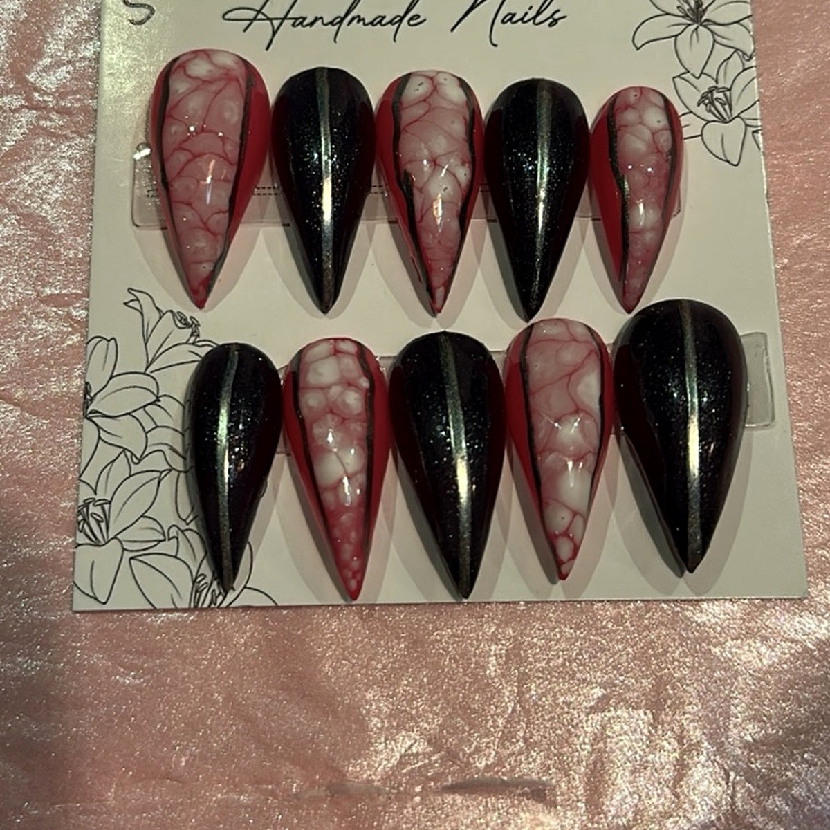 Zoomed and cropped product photo showing handmade press-on nails