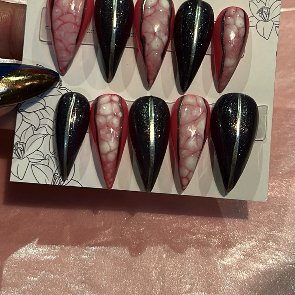 Zoomed and cropped product photo showing handmade press-on nails