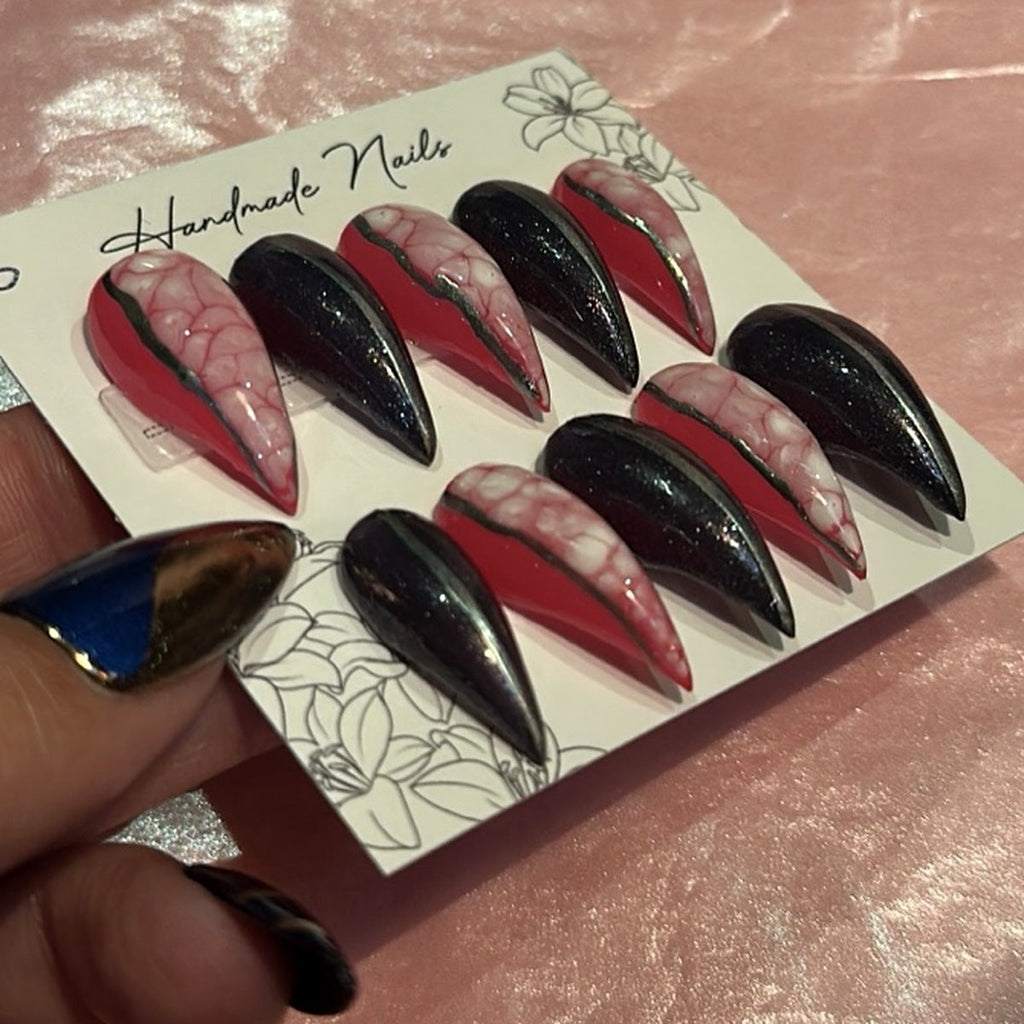 Zoomed and cropped product photo showing handmade press-on nails