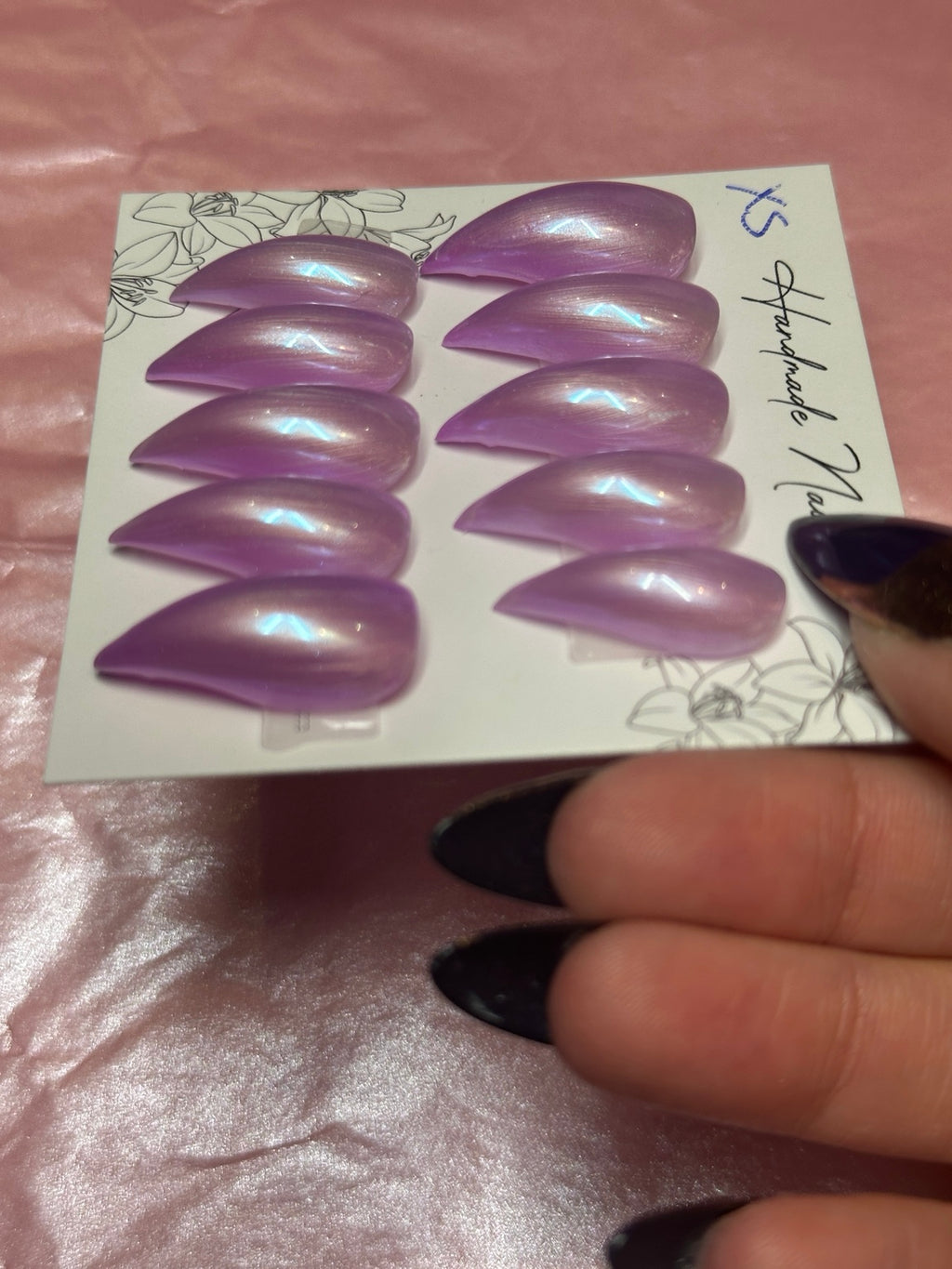 Lilac Pearl Claws handmade press-on nails angled view