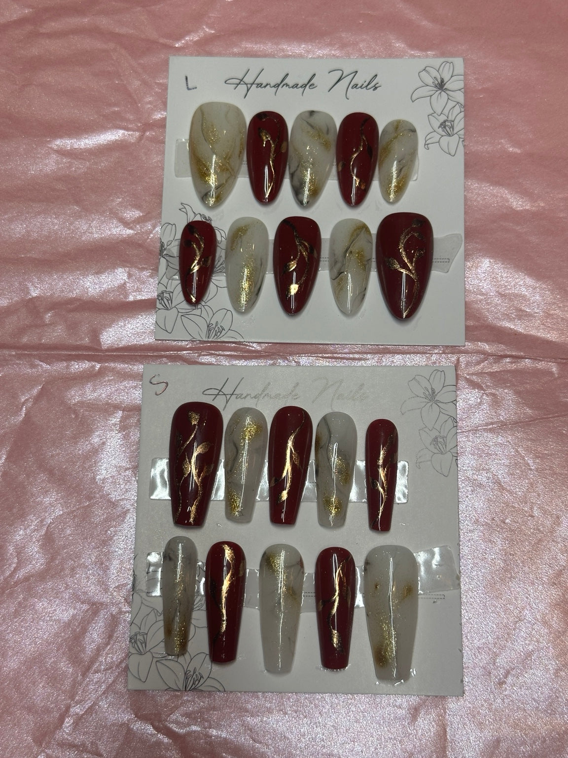 Merlot Gold Marble handmade press-on nails