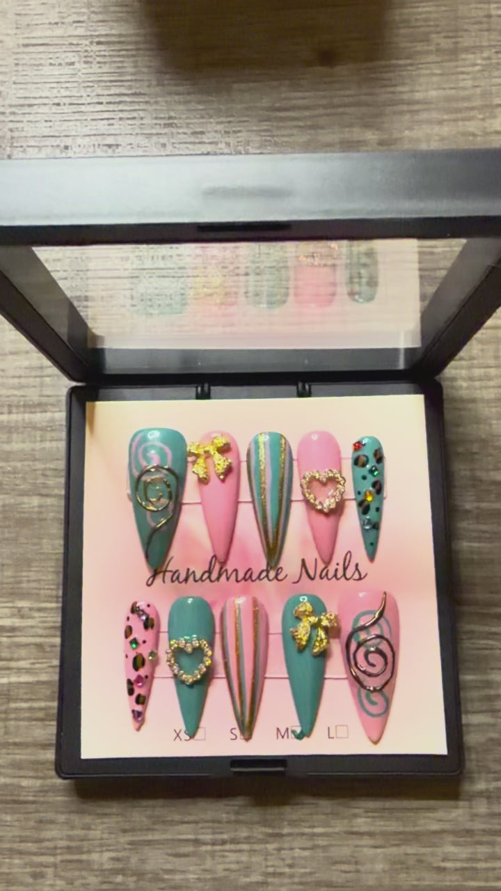 Pink & Turquoise Statement - 10pc Handmade Press-On Nails | Stiletto, Coffin, Square, Almond | Short, Medium, Long