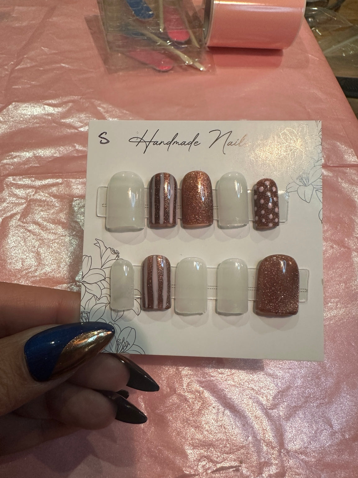 Rose gold glitter and white stripe press-on nails