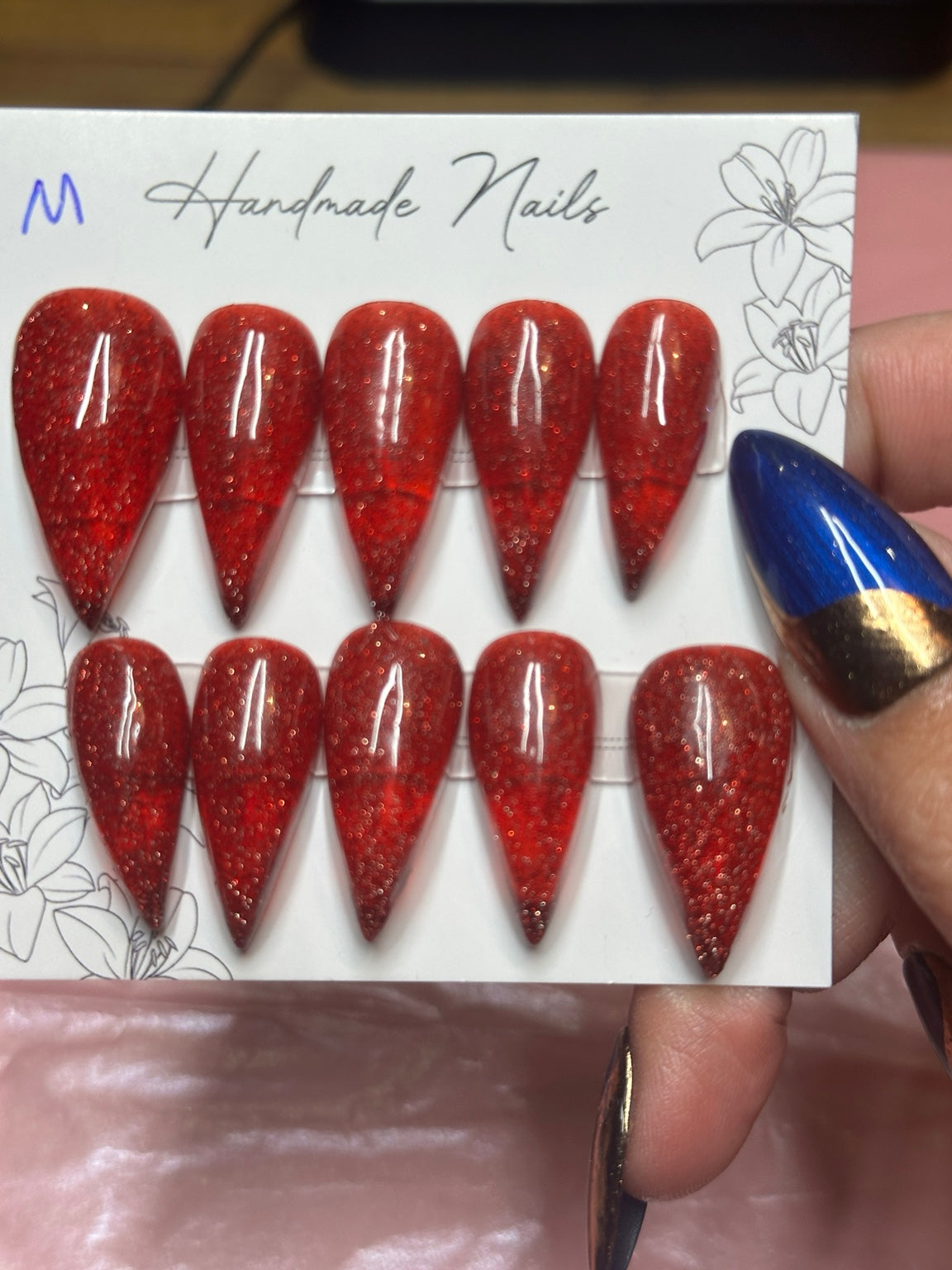 Ruby Glitter Claws handmade press-on nails