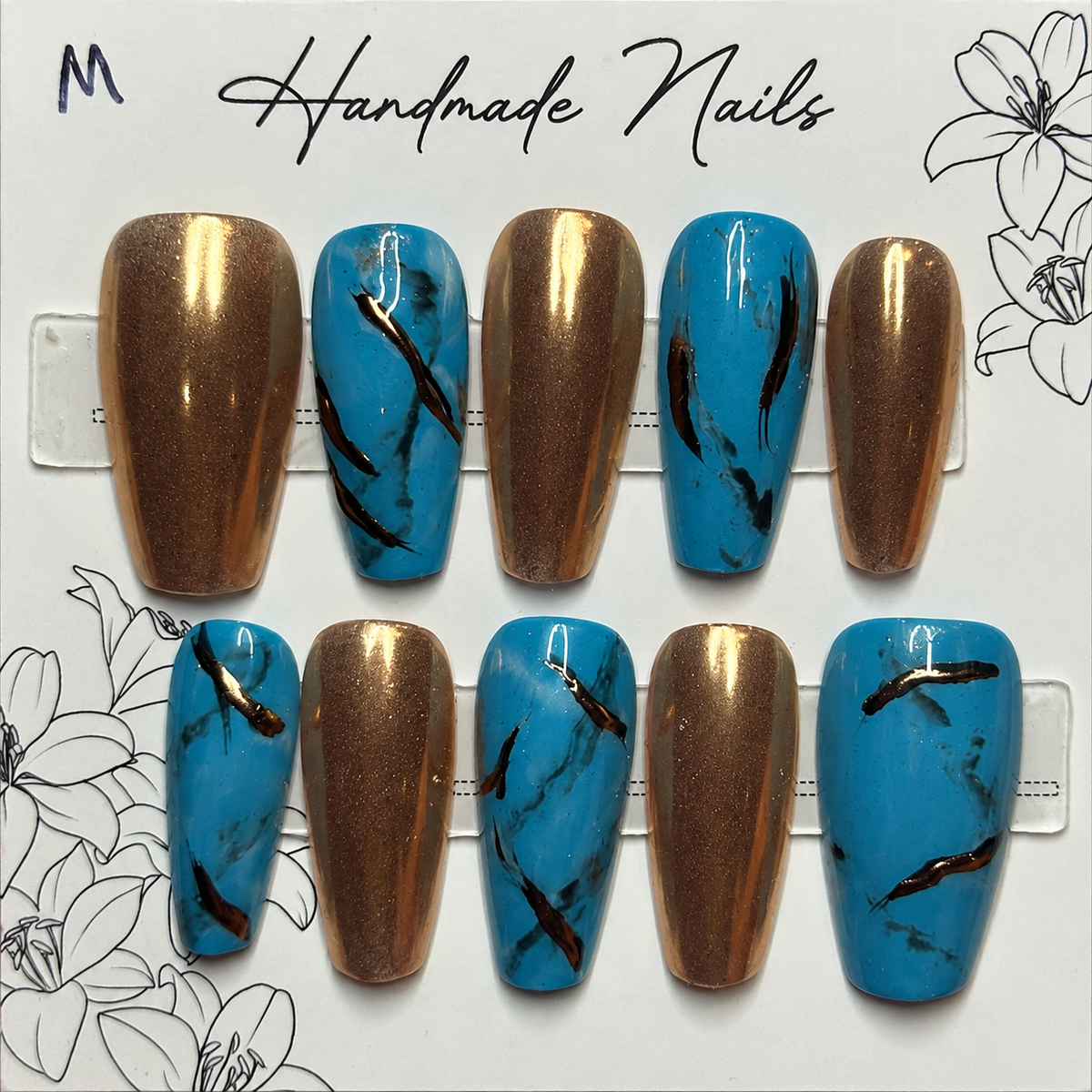 Close-up of Turquoise Bronze Vein press-on nail set
