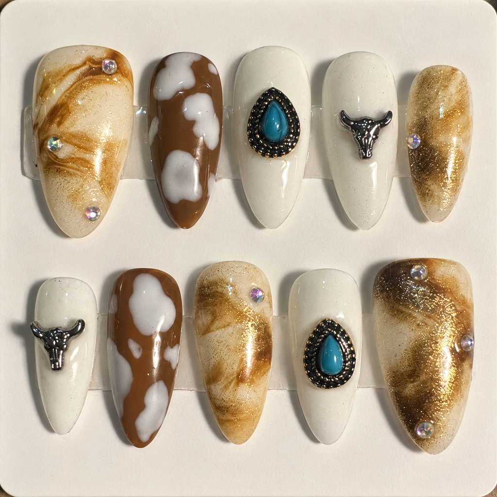 Close-up of Turquoise Renegade press-on nail set