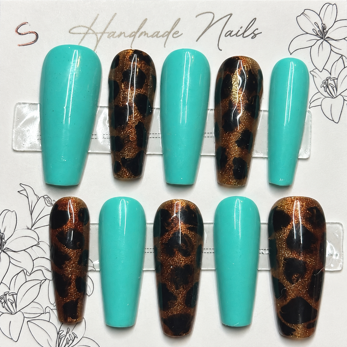 Close-up of Turquoise Tortoise press-on nail set